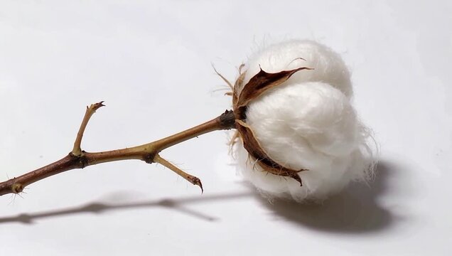 Close-up of a single cotton boll on a branch against a white background.