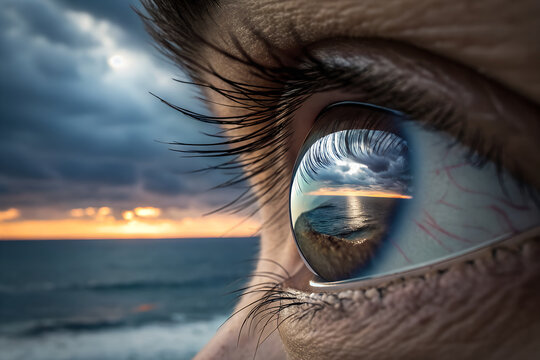 Close-up of human eye reflecting dramatic ocean sunset with cloudy sky horizon and glowing sun symbolizing perception reflection and beauty of nature in vision     generative ai
