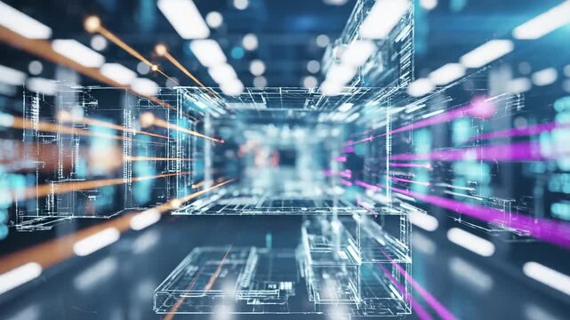 Digital wireframe server rack structure with glowing data stream beams in futuristic datacenter . Cloud computing infrastructure and network transmission visualization. Advanced technology and virtual