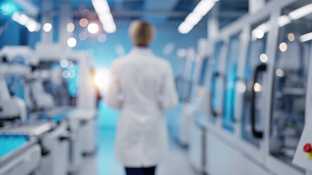 Scientist walking through cleanroom facility with robotic arms and automated manufacturing equipment. Advanced pharmaceutical and scientific research production line. Tech laboratory automation