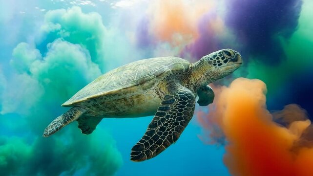 Green sea turtle gliding through deep blue ocean water amidst swirls of multicolored bright ink clouds