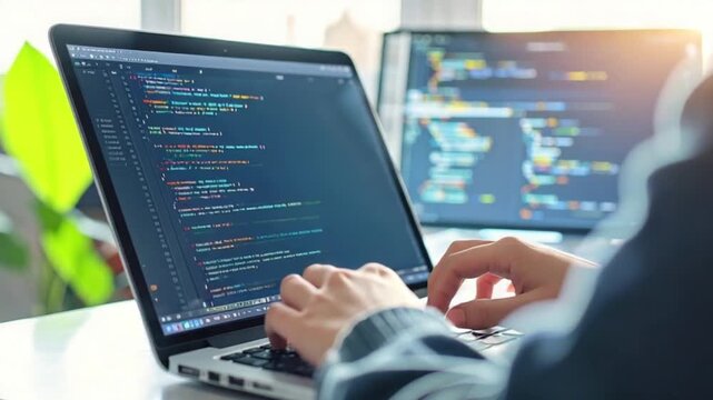 Person Coding on Laptop with Dual Monitors in a Modern Office Setting