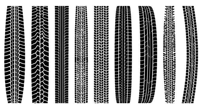 Set of various car tire tread patterns, black straight silhouette vector collection.