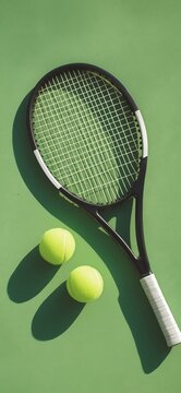 Black tennis racket with white grip and two green tennis balls placed on green court surface representing sports equipment  