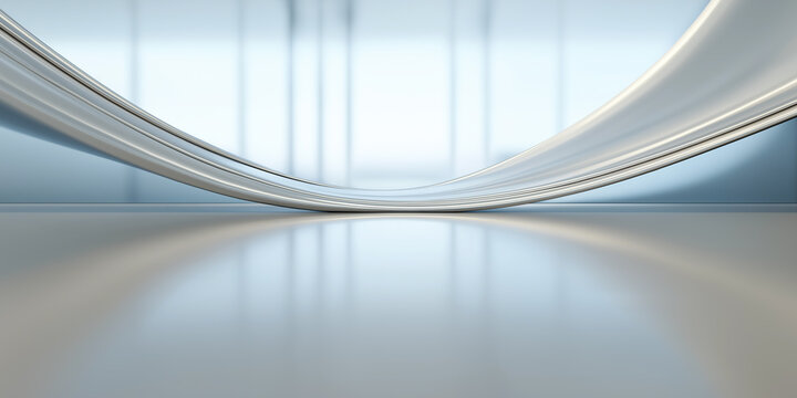 Modern building interior featuring smooth, clean floor and artistic curved display structure. Soft light passes through large glass window, bright white tone and subtle golden accents along edges.