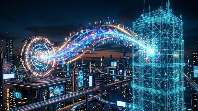 Digital data information flowing from a circular portal into a holographic wireframe building in a future metropolis
