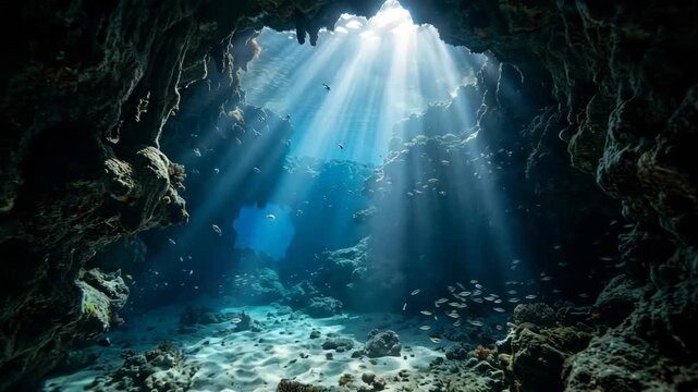 Majestic sunbeams streaming through an opening into a deep blue underwater cave with small fish swimming over a sandy seafloor