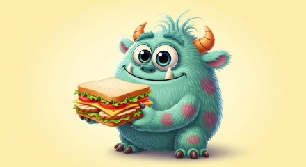 Obraz premium Fluffy monster holding a sandwich. Cute cartoon character with horns eating lunch. Friendly creature for graphic design of kids menu, food advertising and children illustration concept.