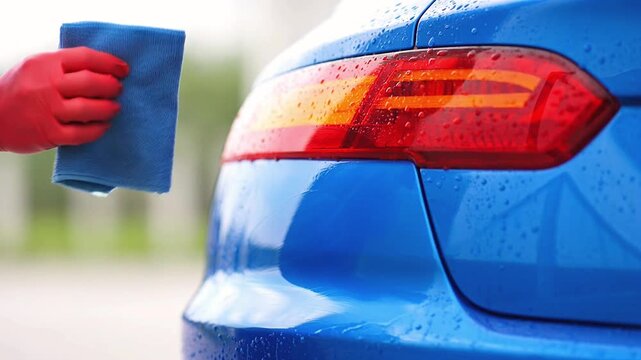 Closeup of a person wearing red rubber gloves cleaning a blue car with a blue microfiber cloth