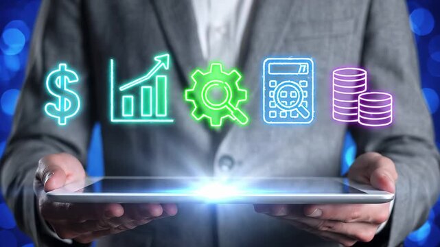 Businessman holding tablet with digital finance icons including dollar sign growth chart gear calculator and coin stack. Business financial analytics and investment management technology dashboard.