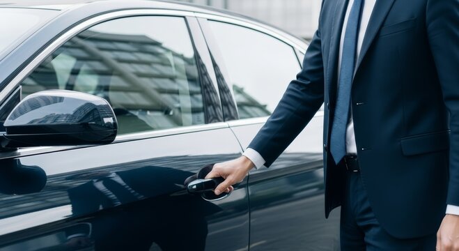 Man in suit opening car door. Professional driver offering transportation service to client. Executive elegant chauffeur standing by sedan vehicle. Business travel and luxury trip concept.