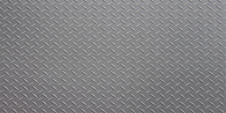 A seamless industrial diamond plate and brushed steel metal texture creates a gray metallic surface pattern for construction material backgrounds or silver aluminum sheet wallpaper