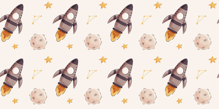 Cartoon Rocket Asteroid Seamless Space Pattern. Seamless pattern with rockets, asteroids and stars in textured vector style, ideal for space themed kids products and creative backgrounds.
