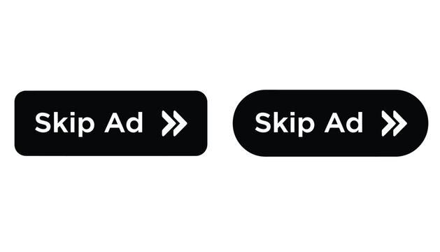 A skip ad button icon with a white arrow on a black background