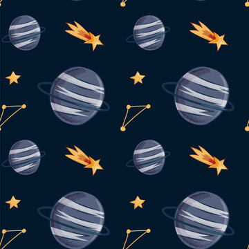 Saturn Planets and Comets Seamless Pattern. Seamless pattern featuring ringed planets, comets and stars in textured vector style, great for kids space themes and creative surfaces.