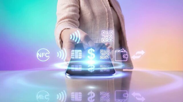 Mobile payment technology with nfc icons dollar sign qr code and digital wallet symbols. Smartphone fintech solution for cashless transactions and electronic banking with wireless money transfer