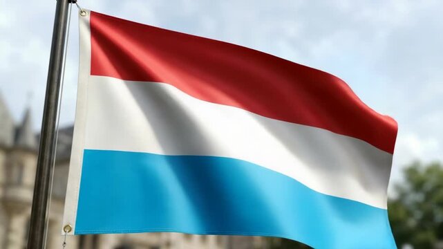 National flag of Luxembourg waving on a flagpole against a cloudy sky with a blurred historic building background
