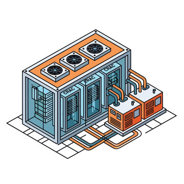 Isometric Data Center Illustration - Servers, Cooling, and Power Systems.