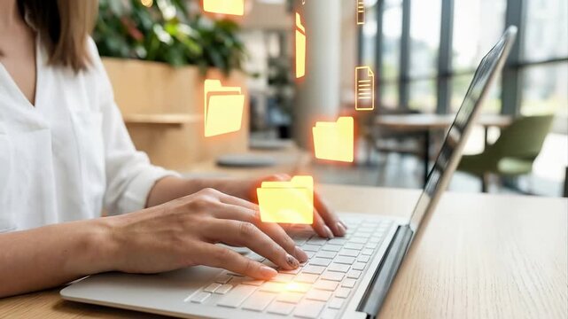 Professional typing on laptop with digital folder and document icons in modern office workspace. File management and data storage system for business productivity and paperless workflow