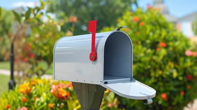 Open Silver Mailbox with Red Flag Up in a Sunny Garden Setting