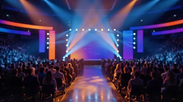 Large audience auditorium at corporate event. Business conference and keynote presentation venue with lighting. Professional summit expo and technology launch ceremony hall