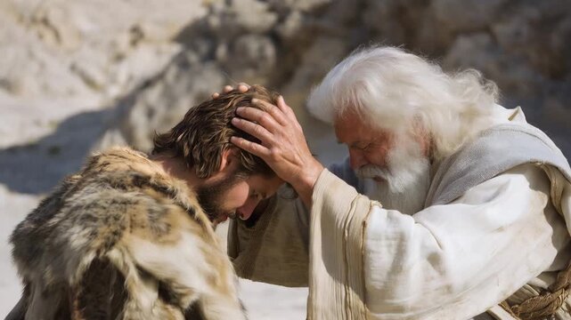 Jacob Wears Esau's Clothes and Disguises Him to Steal Blessings from Their Father Isaac. Biblical Story Depiction