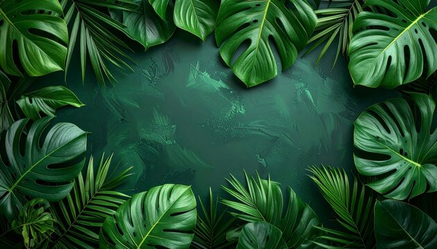 Abstract green tropical jungle background featuring artistic floral textures and festive pine branches decorated with winter holiday ornaments for a colorful new year celebration