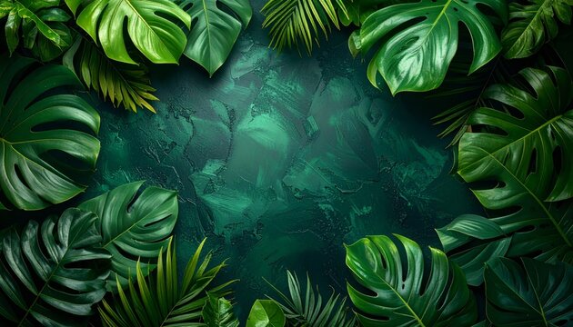 Abstract green tropical jungle background featuring artistic floral textures and festive pine branches decorated with winter holiday ornaments for a colorful new year celebration