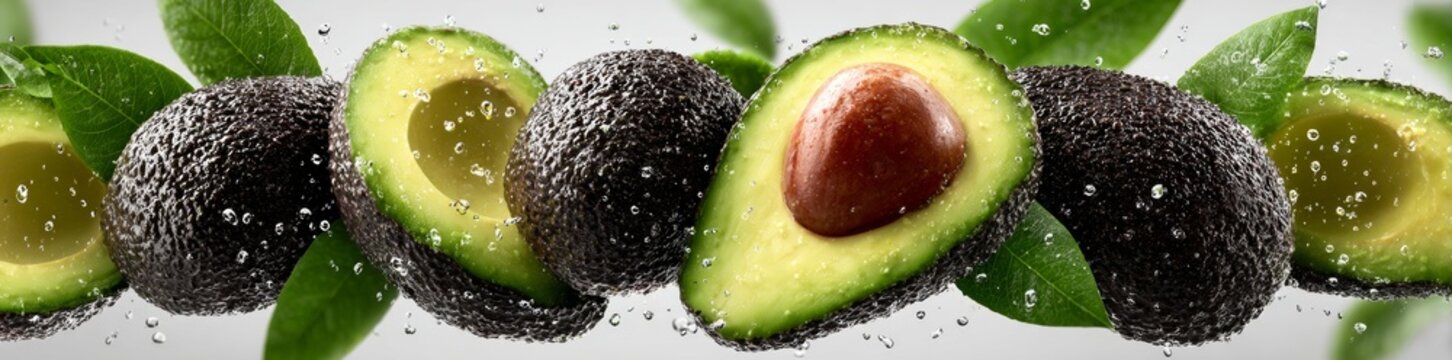 Avocado leaves suspended mid‑air, isolated against a white background, part of a mixed cutout stock set