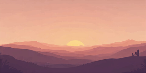 Fototapeta premium A misty orange sunrise and sunset glow over a mountain landscape where the sun meets the horizon above a fog-covered valley forest