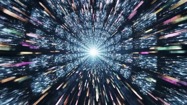 Glowing circular portal ring with radial particle light burst explosion. Abstract digital energy vortex and quantum science technology background for futuristic space dimension and data visualization