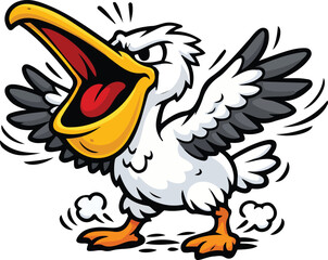 Angry cartoon pelican mascot squawking with wings spread wide © Gfx_Parvej