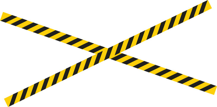 Two yellow and black striped warning tapes crossing diagonally for caution and restricted access