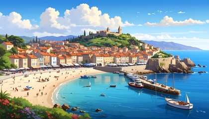 Obraz premium Vibrant Coastal Town with Beach and Harbor.