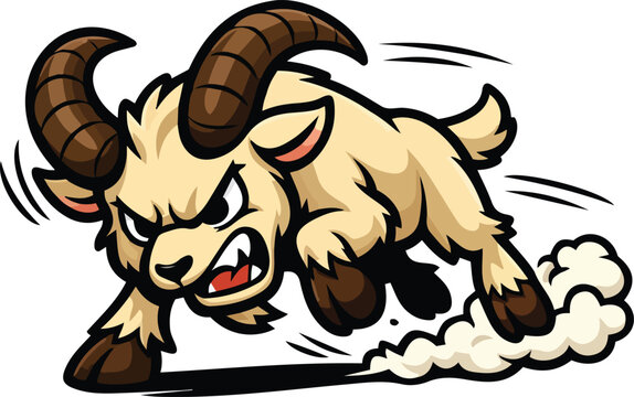 Angry cartoon ram mascot charging forward with horns and dust cloud