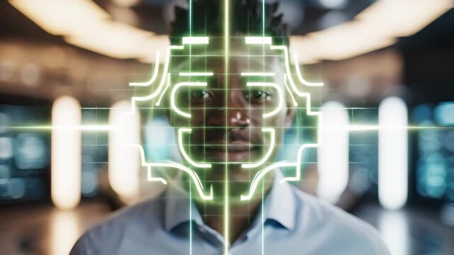 Male face with glowing digital facial recognition scan overlay and biometric grid mapping in office environment. Ai identity authentication and security surveillance technology for access control