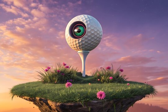 Surreal golf ball with eye on tee, floating island, fantasy landscape, creative concept, oddity