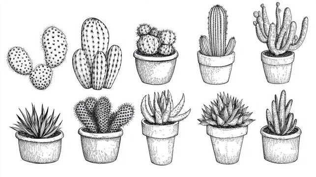 Black and white cartoon cacti in a hand drawn set, variety of desert plants in pots and without, vintage etching style illustration with organic ink line details