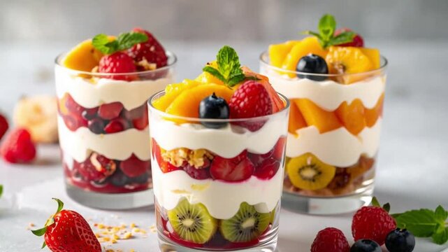 Delicious layered fruit yogurt parfaits with fresh berries and tropical fruits
