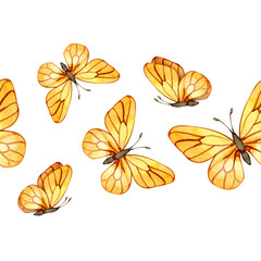 Fototapeta premium Seamless watercolor border featuring yellow butterflies in various flight positions. Hand drawn delicate insects with detailed veins, perfect for repeatable horizontal designs and spring decor.