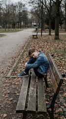 Fototapeta premium Sad girl sitting alone in the park during day