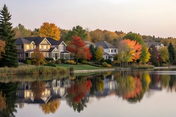 Obraz premium Luxury waterfront homes in autumn, fall foliage, lakeside real estate, colorful trees, residential area