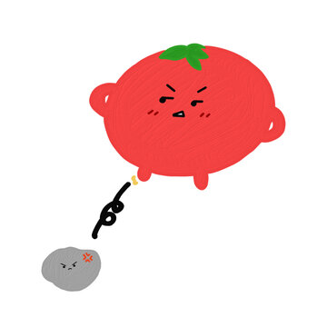 Angry tomato character throwing a stone with fury