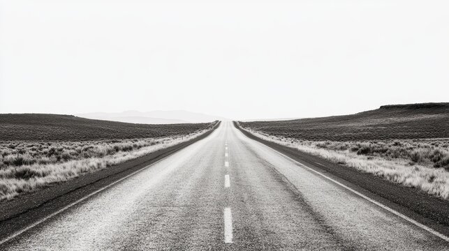 Isolated image of a highway through lifeless terrain under a blank white sky, sharp road lines contrasting with neutral desert surroundings