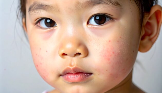 Close-up portrait of a young East Asian childs face, showing innocent expression and rosy cheeks.