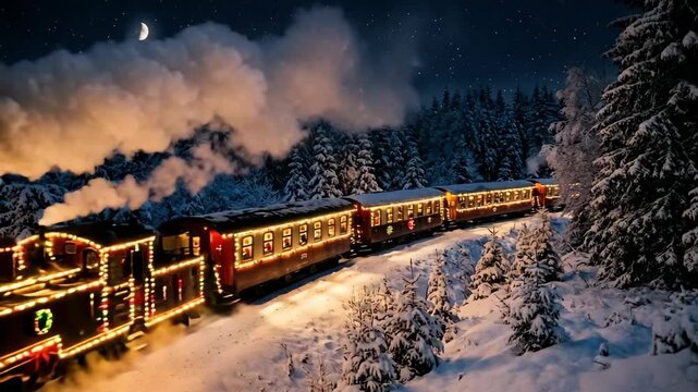 Vintage steam locomotive decorated with holiday lights moves through a snow covered pine forest at night under a crescent moon
