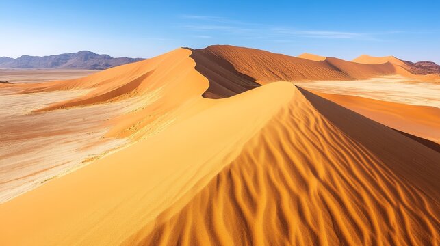 Wide angle panoramic view of soft golden sand dunes in the Namib desert, flowing dune curves under warm sunlight, open sky and negative space for design