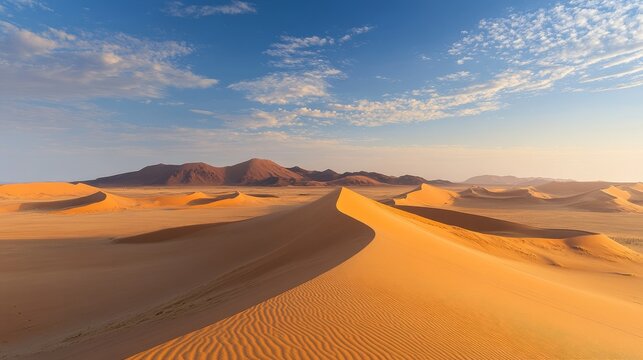 Desert landscape in Namibia captured in ultra-wide format, gentle undulating dunes with minimal vegetation, peaceful tones and soft lighting