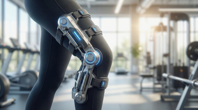Futuristic exoskeleton wearable technology knee support rehabilitation fitness gym innovation advanced metallic blue light
