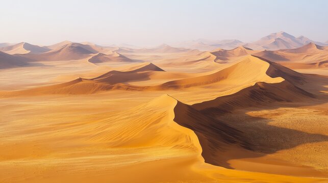 Namibian desert with rolling dunes stretching across horizon, panoramic desert view with golden hues and minimal texture, ideal for wide format layouts